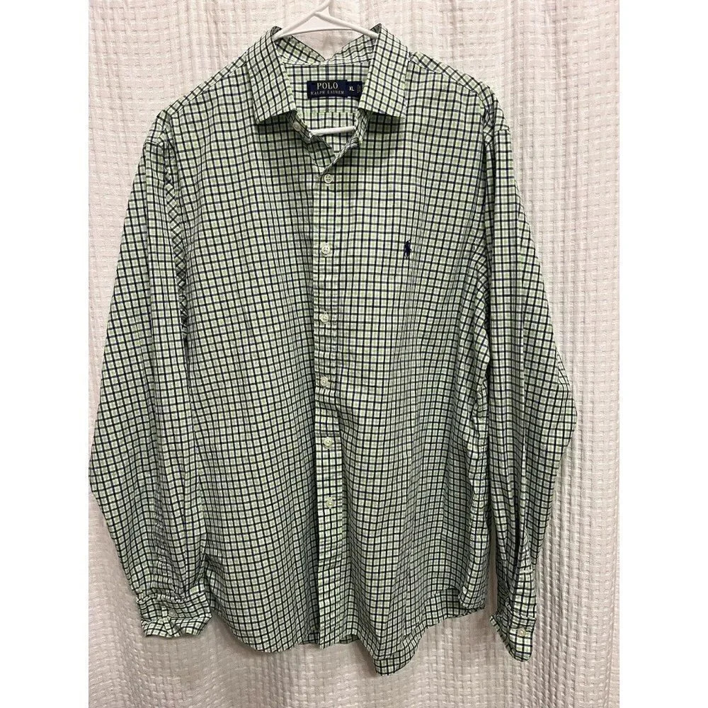 Ralph Lauren Polo Shirt Mens Extra Large Green Blue Long Sleeve Button Up H7